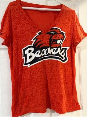 Women’s V-Neck Short Sleeve Tee in Orange with Beavers Logo medium